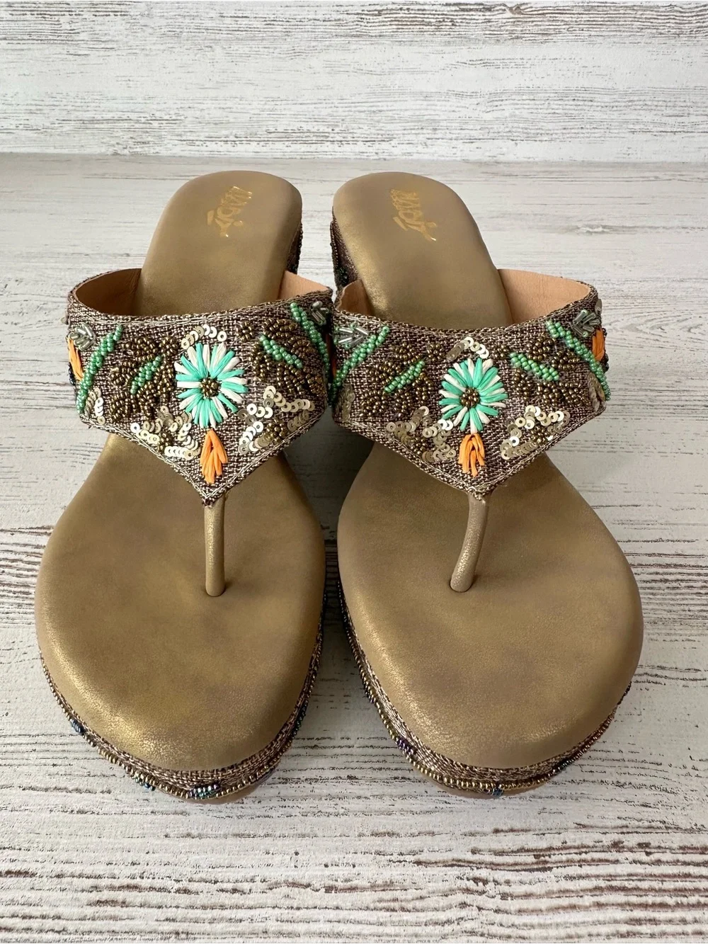 NWOT Beaded Sequin 3D Floral Platform Wedge Sandals 41 Butterfly Mixed Media